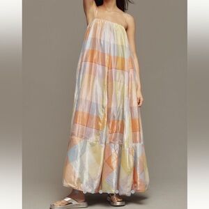 Anthropologie Pilcro Tent Maxi Dress Plaid Metallic size Large